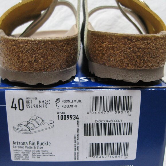 Birkenstock Big Buckle ARIZONA Ceramic Pattern Blue Leather 40 R US W 9 M 7 - Picture 9 of 12